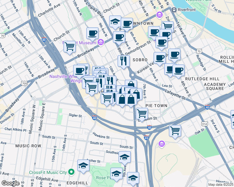 map of restaurants, bars, coffee shops, grocery stores, and more near 1 Cannery Row in Nashville