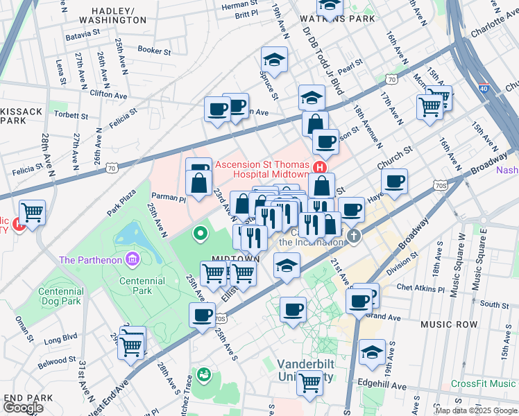 map of restaurants, bars, coffee shops, grocery stores, and more near 2202 State Street in Nashville