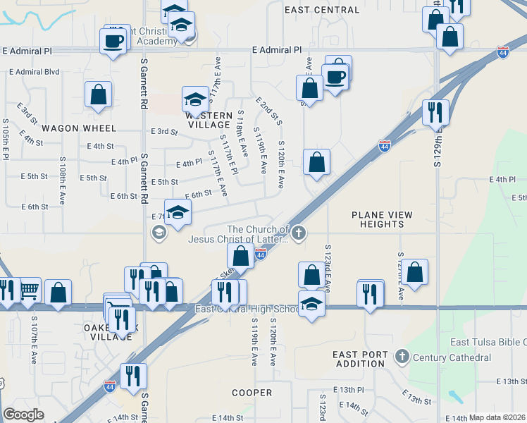 map of restaurants, bars, coffee shops, grocery stores, and more near 11812 East 7th Street in Tulsa