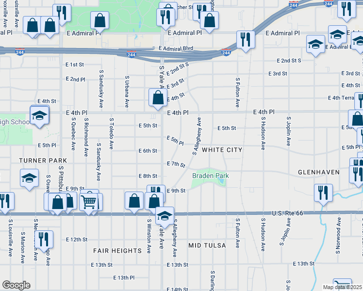 map of restaurants, bars, coffee shops, grocery stores, and more near 521 South Zurich Avenue in Tulsa
