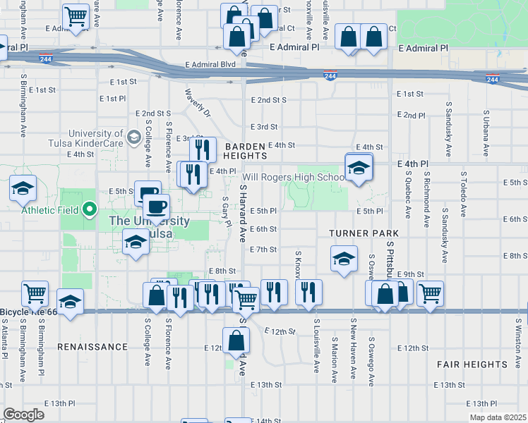 map of restaurants, bars, coffee shops, grocery stores, and more near 3417 East 5th Place in Tulsa