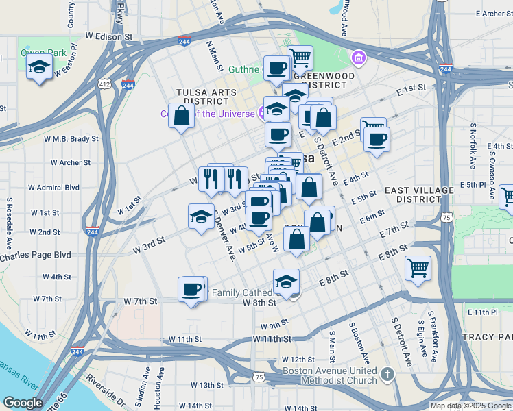map of restaurants, bars, coffee shops, grocery stores, and more near 302 South Boulder Avenue in Tulsa
