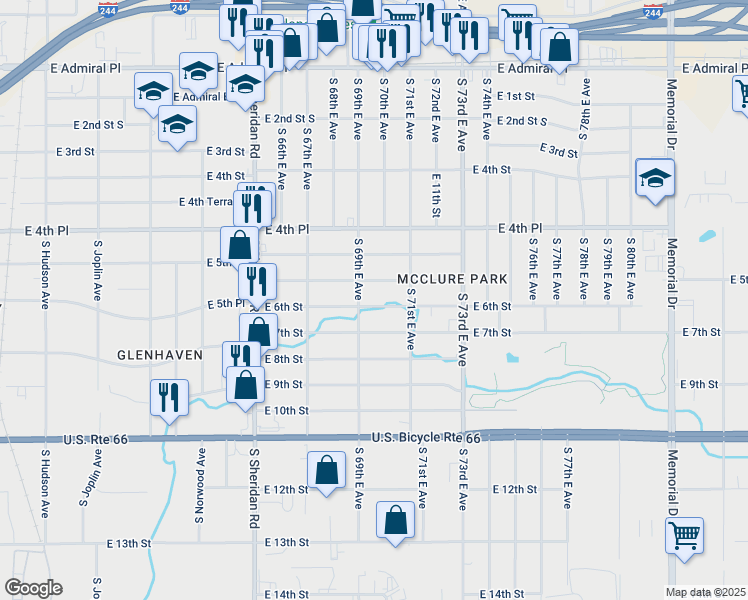 map of restaurants, bars, coffee shops, grocery stores, and more near 6913 East 6th Street in Tulsa