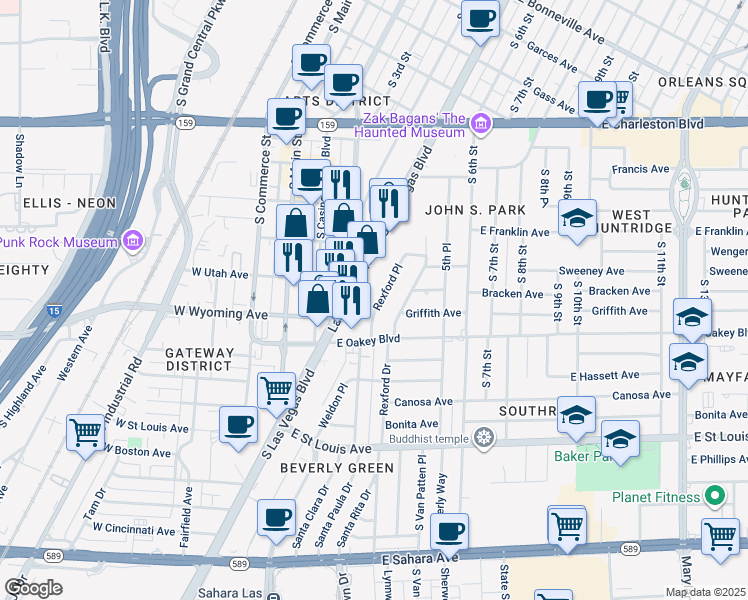 map of restaurants, bars, coffee shops, grocery stores, and more near 1502 Rexford Place in Las Vegas