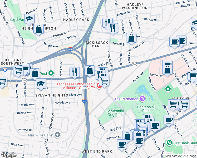 map of restaurants, bars, coffee shops, grocery stores, and more near 3000 Charlotte Avenue in Nashville
