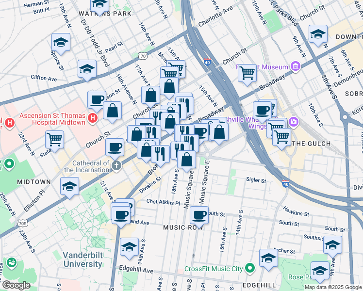 map of restaurants, bars, coffee shops, grocery stores, and more near in Nashville