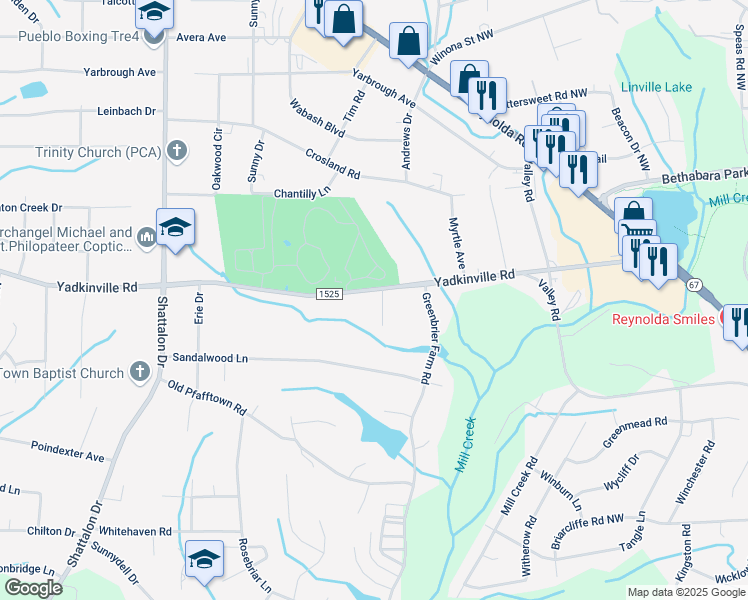 map of restaurants, bars, coffee shops, grocery stores, and more near 3708 Yadkinville Road in Winston-Salem