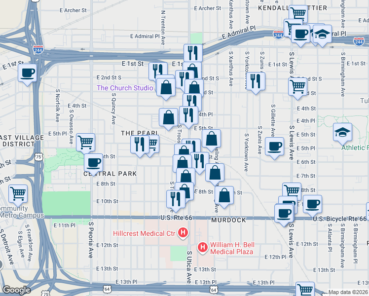 map of restaurants, bars, coffee shops, grocery stores, and more near 533 South Utica Avenue in Tulsa