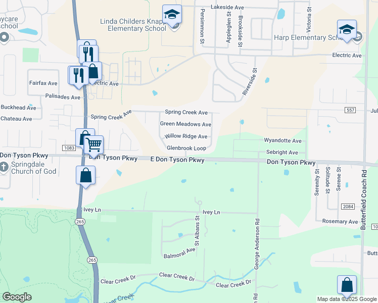 map of restaurants, bars, coffee shops, grocery stores, and more near 3636 Glenbrook Loop in Springdale