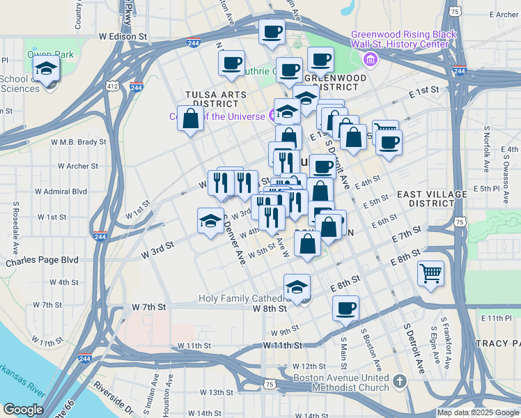 map of restaurants, bars, coffee shops, grocery stores, and more near 302 South Boulder Avenue in Tulsa
