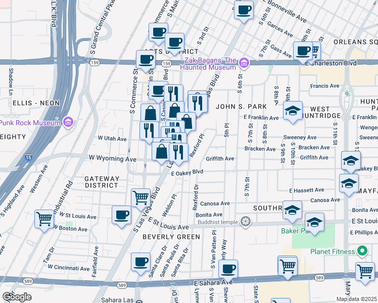 map of restaurants, bars, coffee shops, grocery stores, and more near 1502 Rexford Place in Las Vegas
