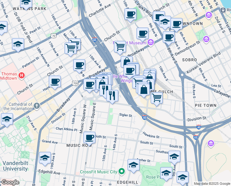 map of restaurants, bars, coffee shops, grocery stores, and more near 1501 Demonbreun Street in Nashville