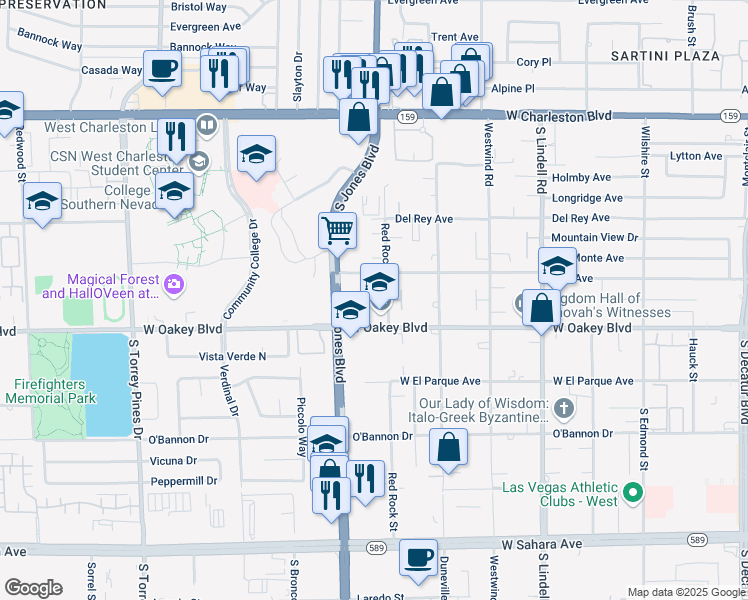 map of restaurants, bars, coffee shops, grocery stores, and more near 6000 West Oakey Boulevard in Las Vegas