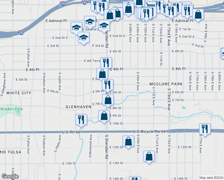 map of restaurants, bars, coffee shops, grocery stores, and more near 6517 East 6th Street in Tulsa