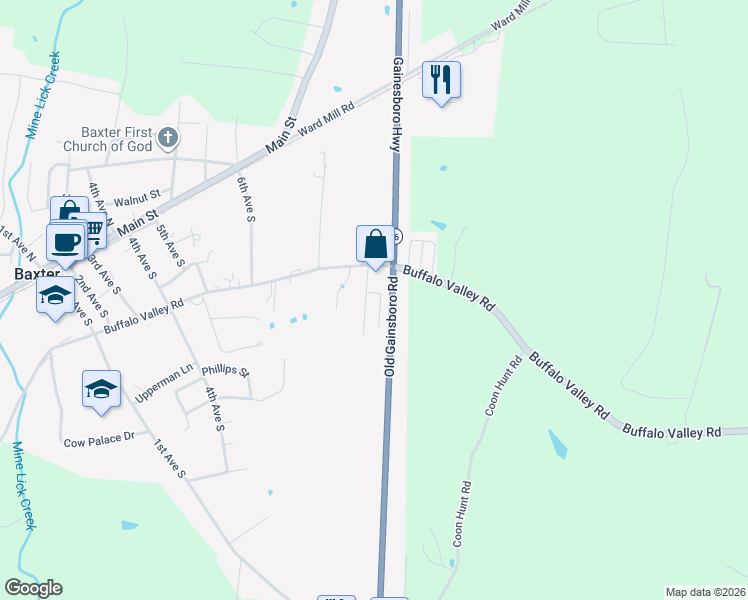 map of restaurants, bars, coffee shops, grocery stores, and more near Old Gainsboro Road in Baxter