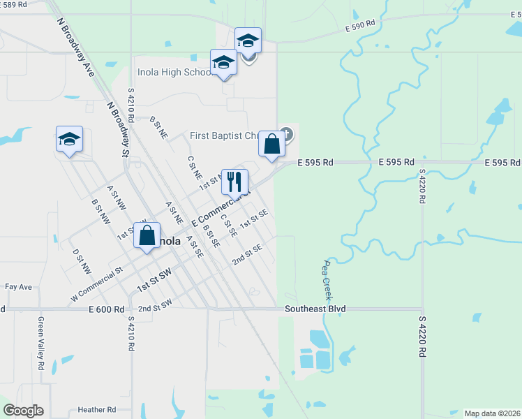 map of restaurants, bars, coffee shops, grocery stores, and more near 90 E Street Southeast in Inola
