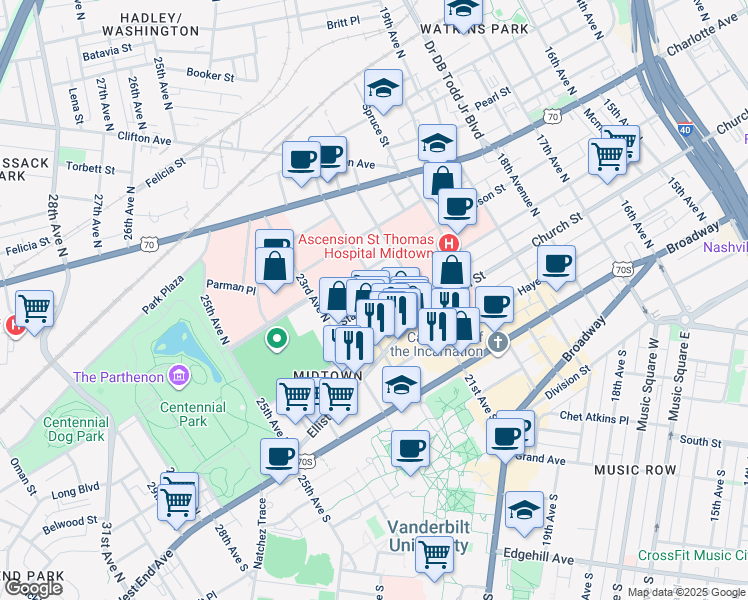 map of restaurants, bars, coffee shops, grocery stores, and more near 2202 State Street in Nashville