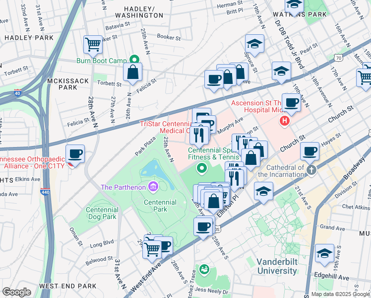 map of restaurants, bars, coffee shops, grocery stores, and more near 2410 Patterson Street in Nashville