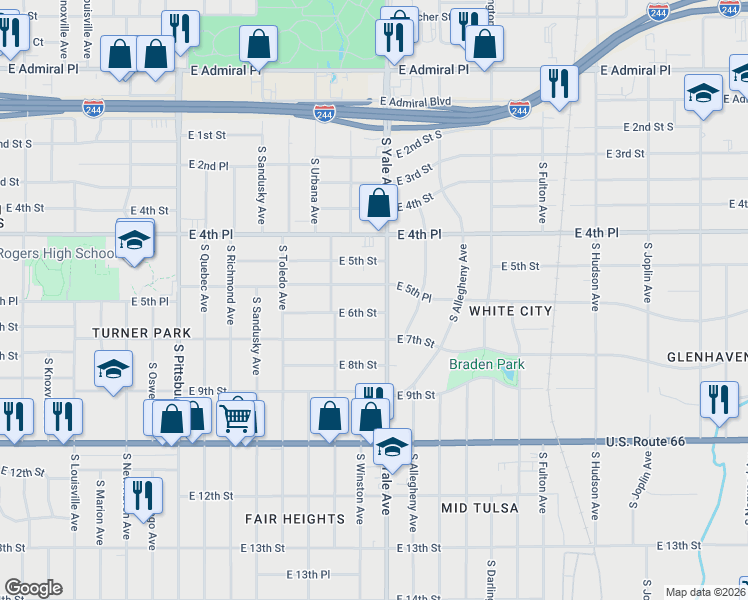 map of restaurants, bars, coffee shops, grocery stores, and more near 4732 East 5th Place in Tulsa