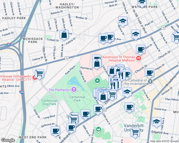 map of restaurants, bars, coffee shops, grocery stores, and more near 2410 Patterson Street in Nashville