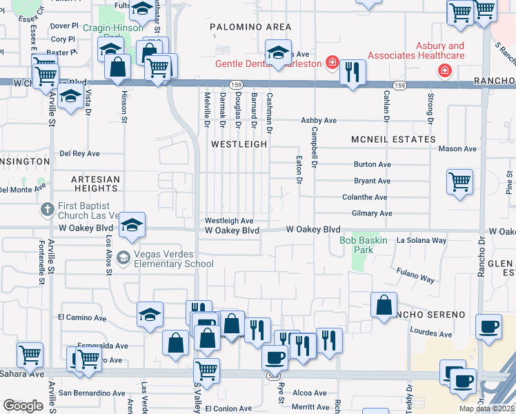 map of restaurants, bars, coffee shops, grocery stores, and more near 1349 Barnard Drive in Las Vegas