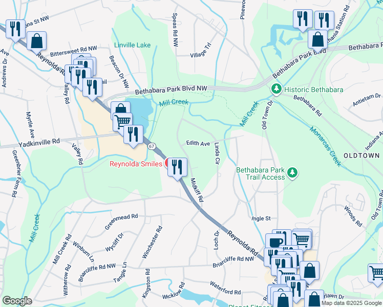 map of restaurants, bars, coffee shops, grocery stores, and more near 3235 Midkiff Road in Winston-Salem