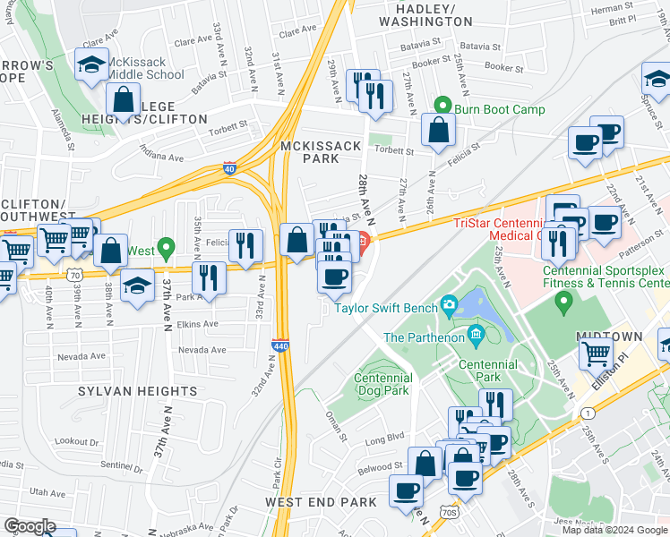 map of restaurants, bars, coffee shops, grocery stores, and more near 1 City Boulevard in Nashville