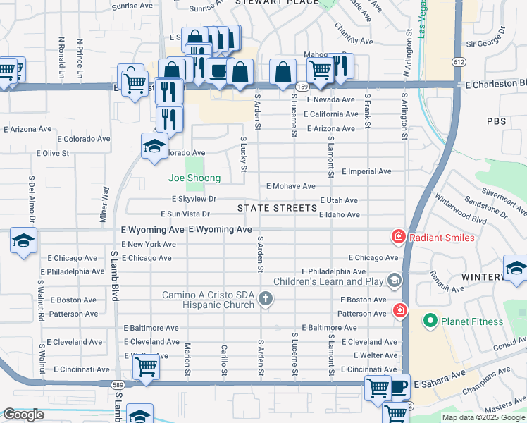 map of restaurants, bars, coffee shops, grocery stores, and more near 4608 East Idaho Avenue in Las Vegas