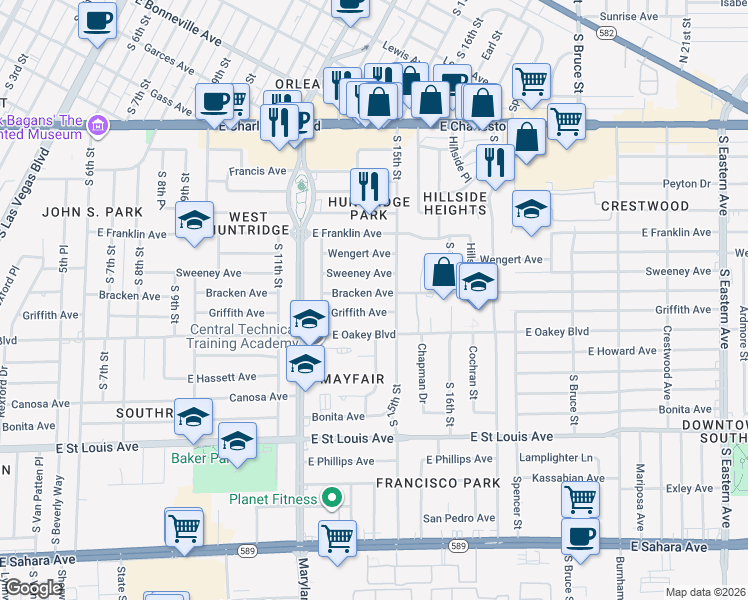 map of restaurants, bars, coffee shops, grocery stores, and more near 1418 Bracken Avenue in Las Vegas