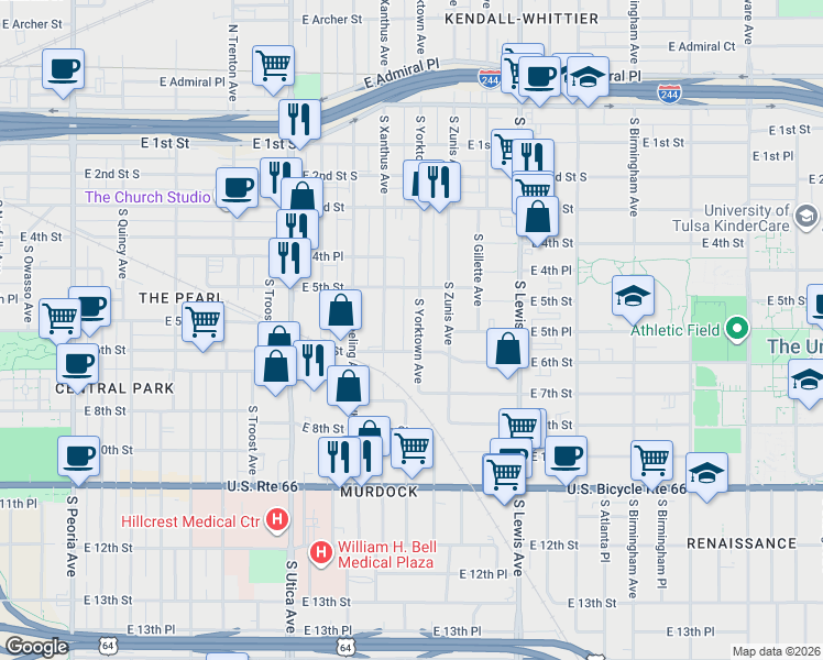 map of restaurants, bars, coffee shops, grocery stores, and more near 532 South Yorktown Avenue in Tulsa