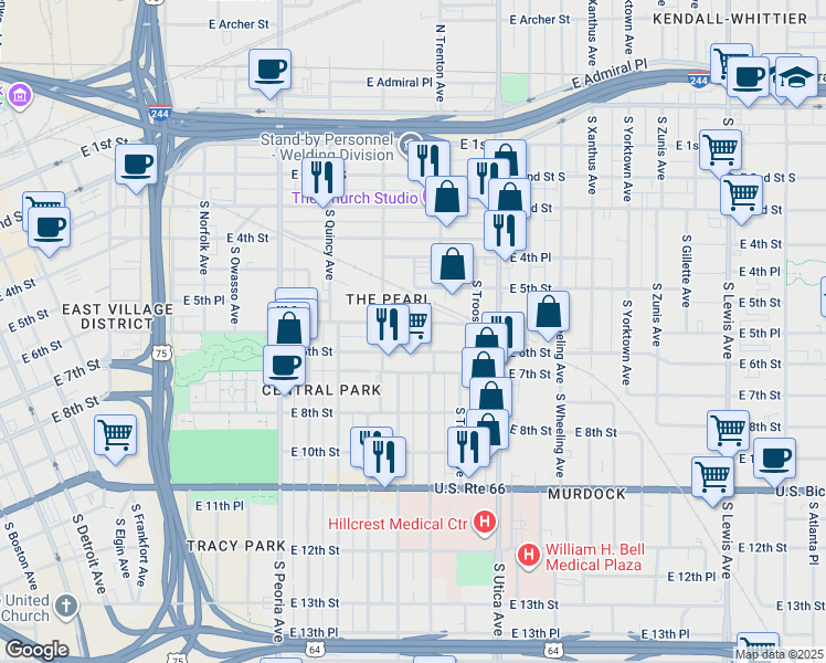 map of restaurants, bars, coffee shops, grocery stores, and more near 1532 East 5th Court in Tulsa