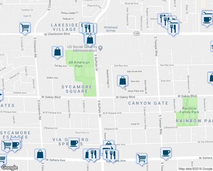 map of restaurants, bars, coffee shops, grocery stores, and more near 1617 Marbella Ridge Court in Las Vegas