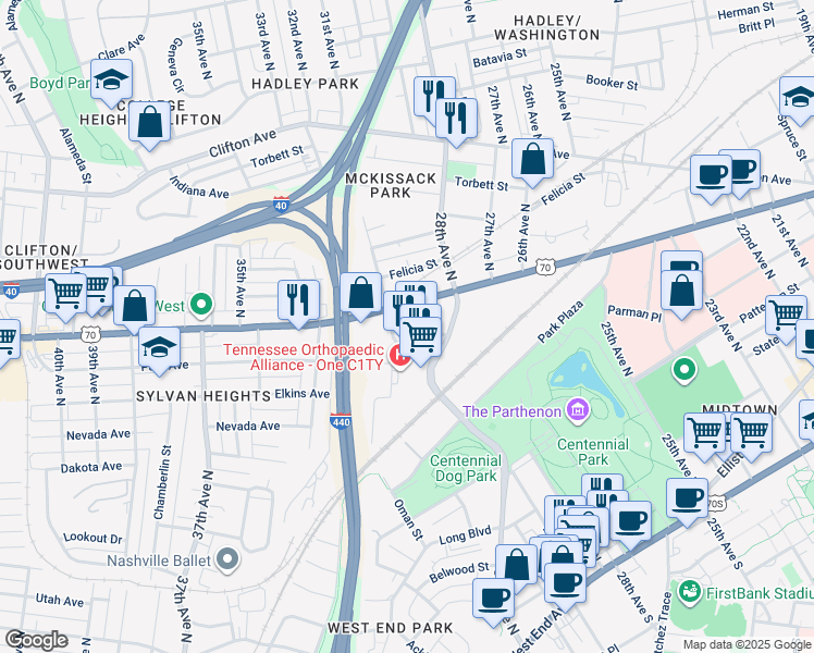 map of restaurants, bars, coffee shops, grocery stores, and more near 1 City Boulevard in Nashville