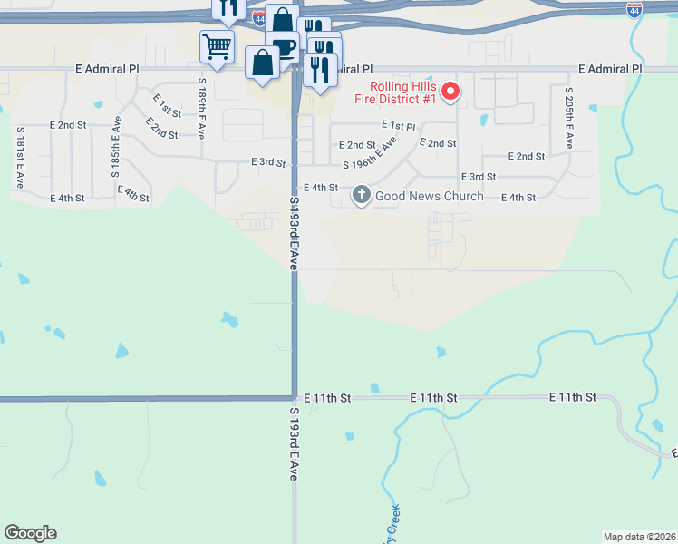 map of restaurants, bars, coffee shops, grocery stores, and more near 19399 East 6th Street in Tulsa