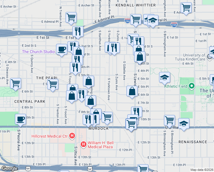 map of restaurants, bars, coffee shops, grocery stores, and more near 532 South Yorktown Avenue in Tulsa