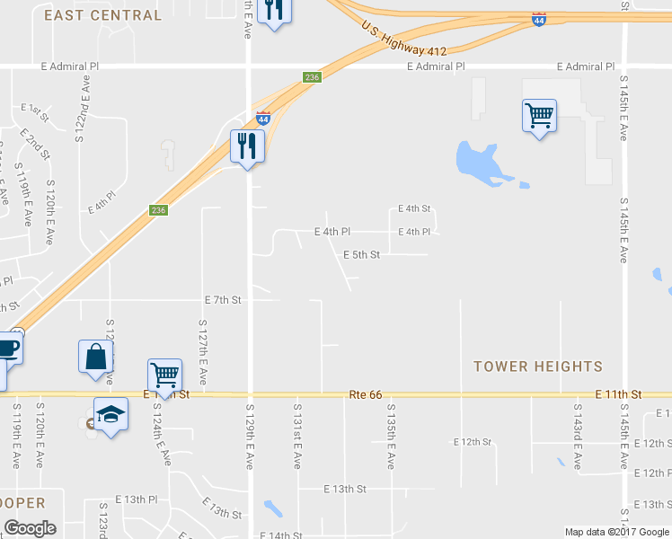 map of restaurants, bars, coffee shops, grocery stores, and more near 524 South 132nd East Avenue in Tulsa