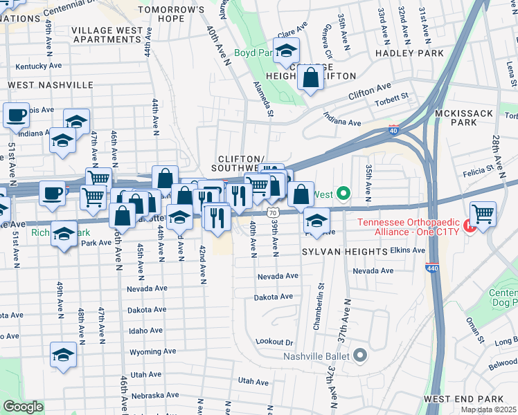 map of restaurants, bars, coffee shops, grocery stores, and more near 3900 Charlotte Avenue in Nashville