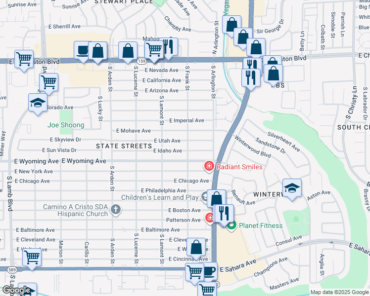 map of restaurants, bars, coffee shops, grocery stores, and more near 4890 East Idaho Avenue in Las Vegas