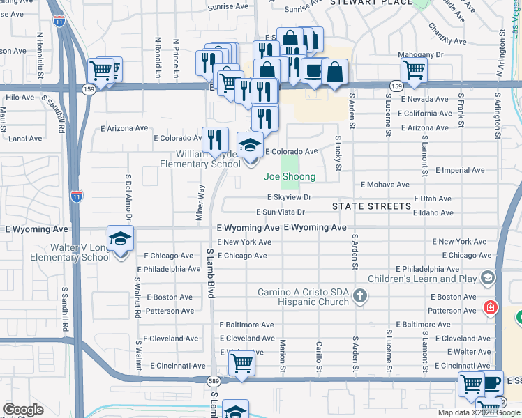 map of restaurants, bars, coffee shops, grocery stores, and more near 4338 East Sun Vista Drive in Las Vegas