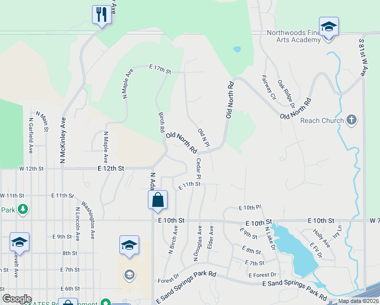 map of restaurants, bars, coffee shops, grocery stores, and more near 725 Old North Road in Sand Springs