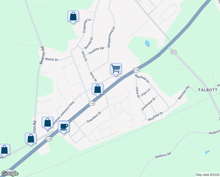 map of restaurants, bars, coffee shops, grocery stores, and more near 1259 Andrew Johnson Highway in Jefferson County