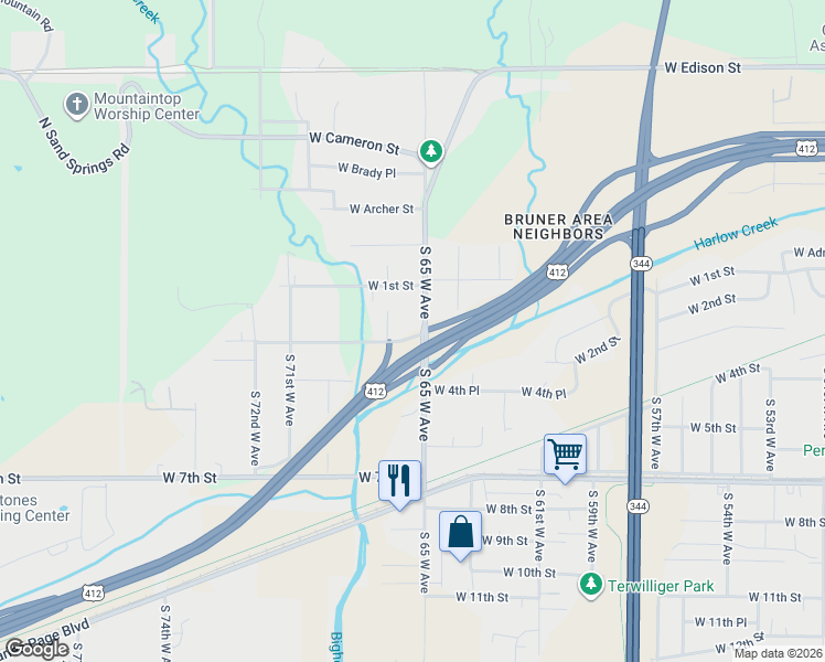 map of restaurants, bars, coffee shops, grocery stores, and more near 210 South 65th West Avenue in Tulsa