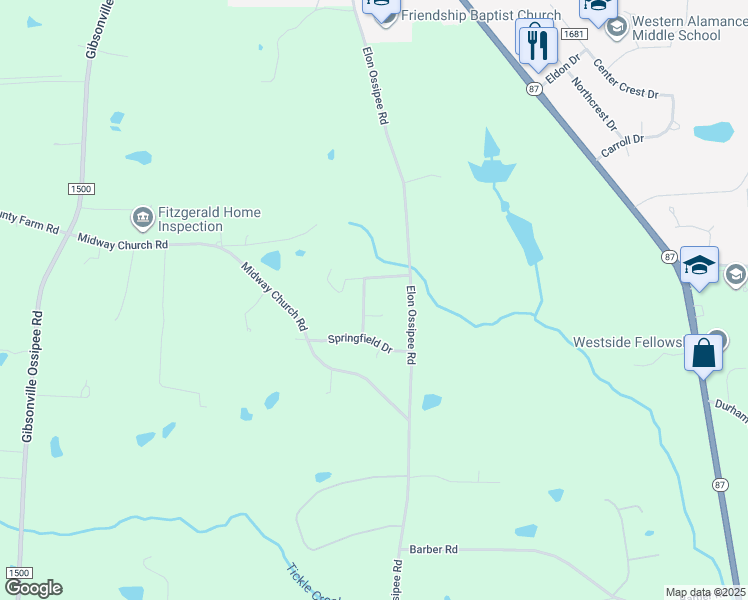 map of restaurants, bars, coffee shops, grocery stores, and more near 2241 Wimbsley Dr in Elon