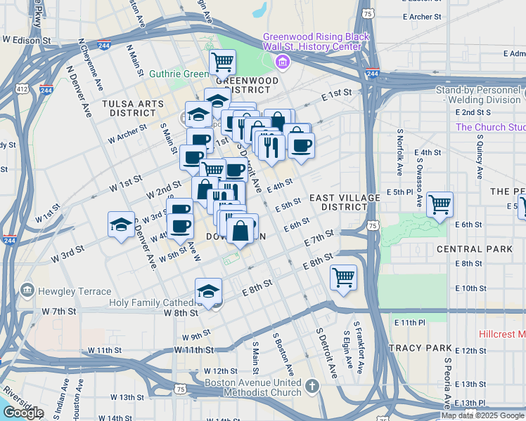 map of restaurants, bars, coffee shops, grocery stores, and more near 424 South Detroit Avenue in Tulsa