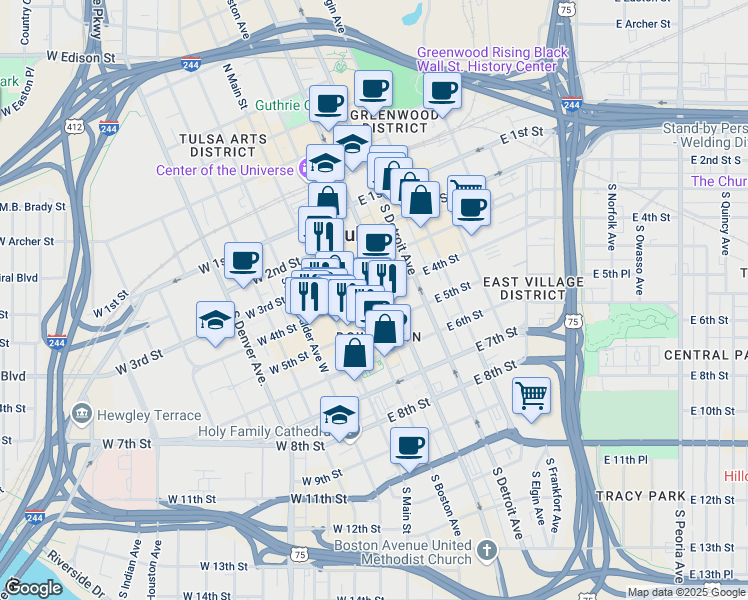 map of restaurants, bars, coffee shops, grocery stores, and more near 409 South Boston Avenue in Tulsa