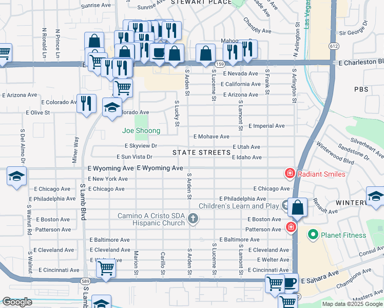 map of restaurants, bars, coffee shops, grocery stores, and more near 4608 East Idaho Avenue in Las Vegas