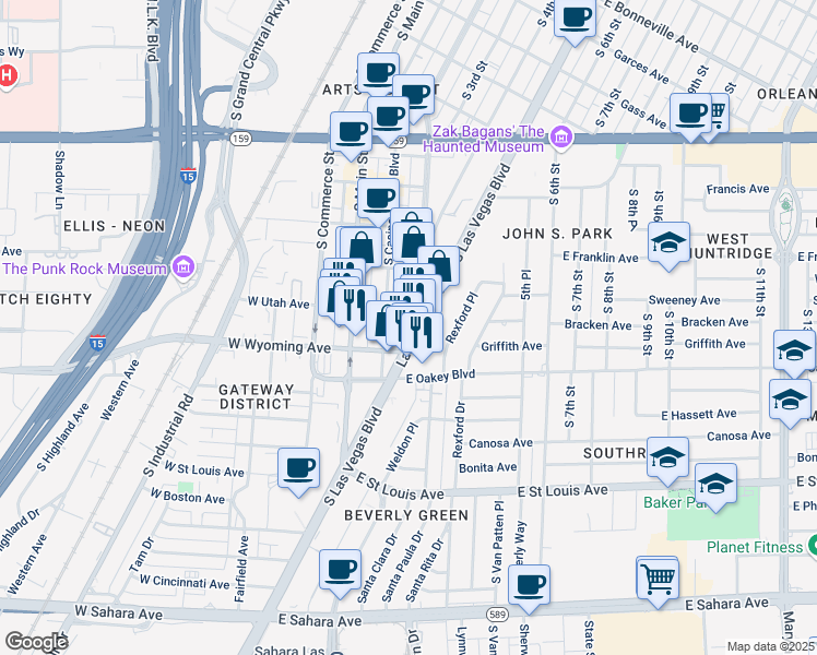 map of restaurants, bars, coffee shops, grocery stores, and more near 1508 South Las Vegas Boulevard in Las Vegas