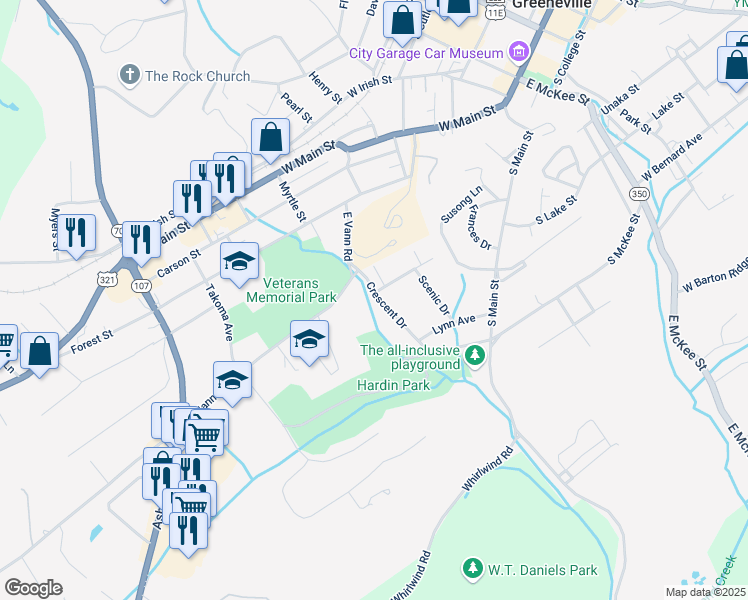 map of restaurants, bars, coffee shops, grocery stores, and more near 512 Crescent Drive in Greeneville