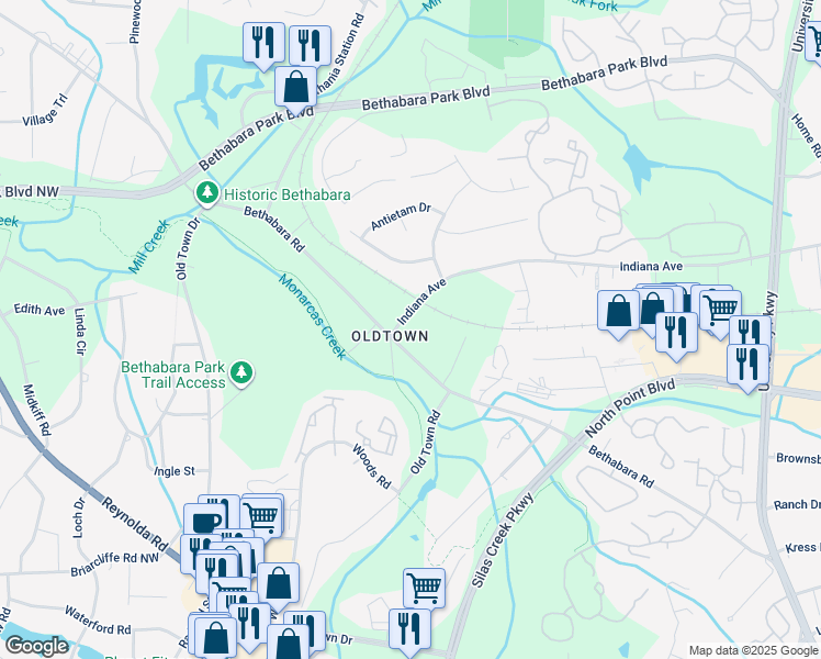 map of restaurants, bars, coffee shops, grocery stores, and more near 5790 Indiana Avenue in Winston-Salem