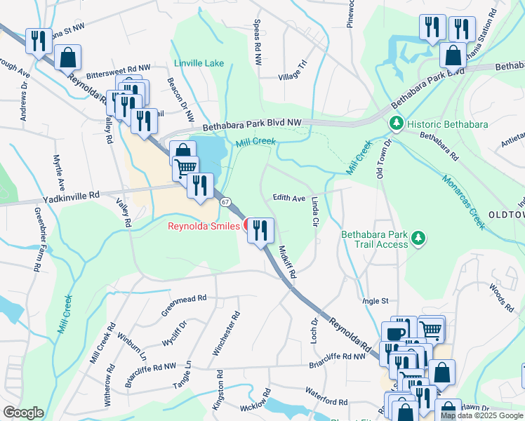 map of restaurants, bars, coffee shops, grocery stores, and more near 3240 Midkiff Road in Winston-Salem
